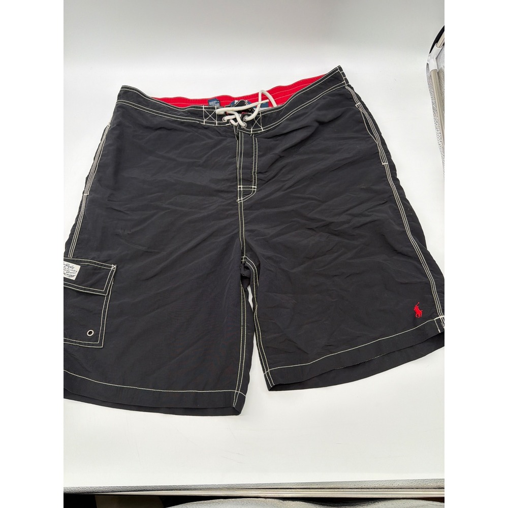 Polo Ralph Lauren Mens XL Black Board Shorts Swim Trunks Cargo Pocket Red Pony
